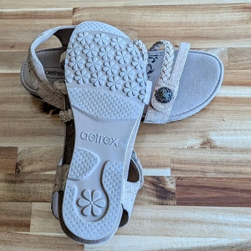 Aetrex Jillian Cork Wedge Sandals L Braided Straps Orthotic Comfort Size 8.5 NEW